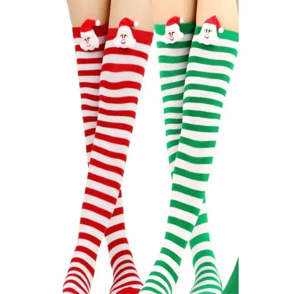 1 PAIR LEFT!! Women's Holiday Green & White Striped Santa Over The Knee Sock